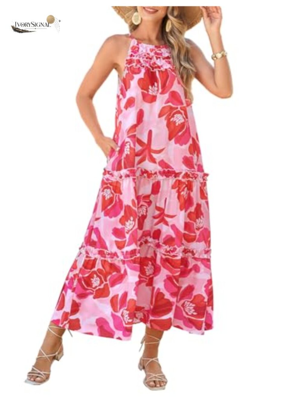 Women's Floral Halter Maxi Dress Boho Summer Beach Sundress Tiered Ruffle
